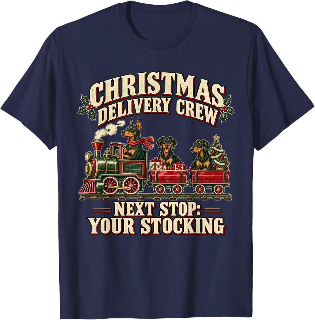 Doberman Pinscher Dog Retro Christmas Train T-Shirt - Navy Blue