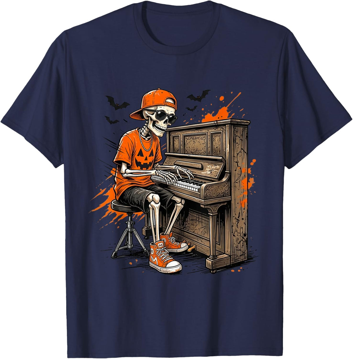 Skeleton Piano Halloween Costume Funny Pianist Men Boys Kids T-Shirt - Navy Blue
