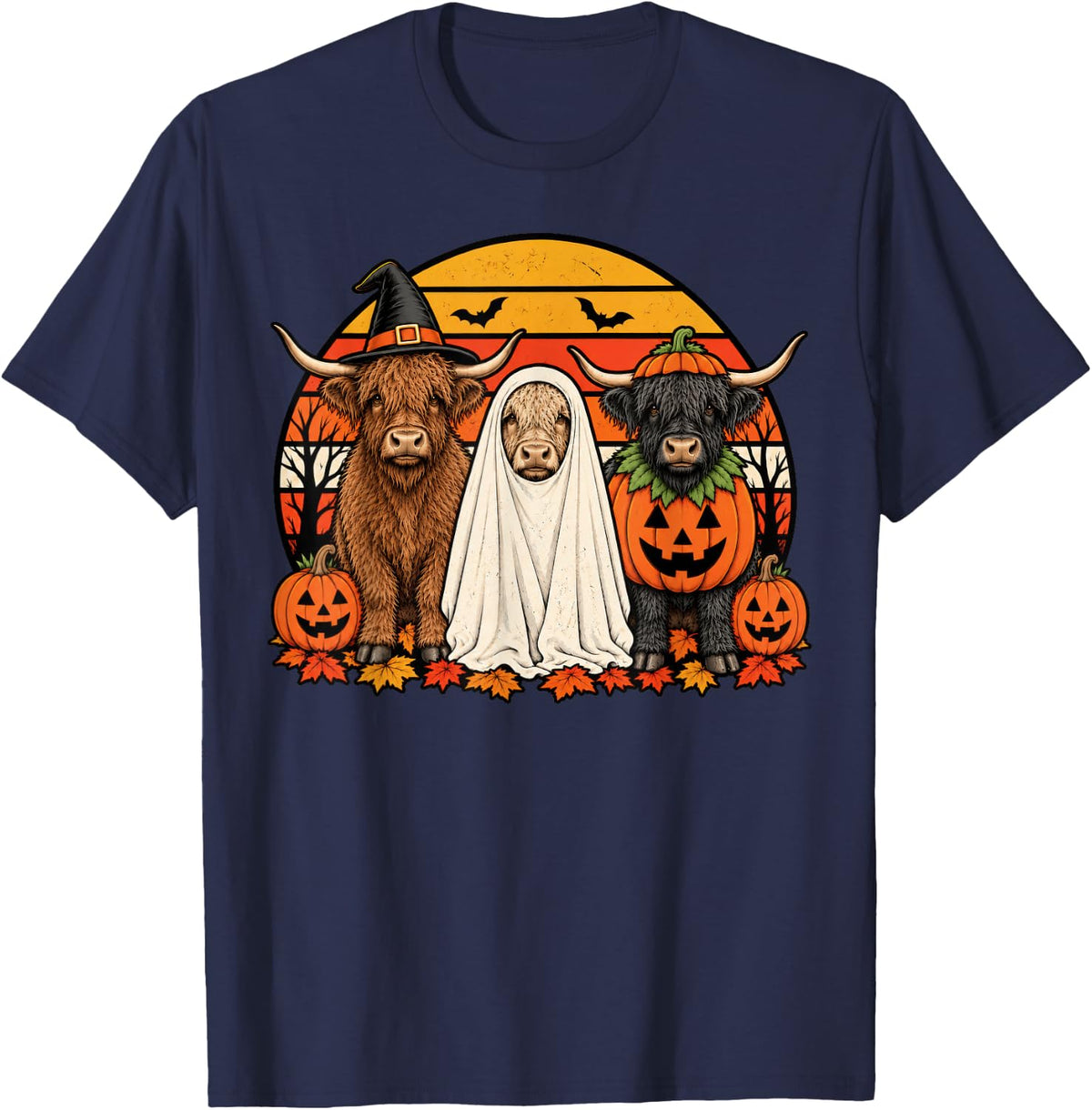 Spooky Scottish Highland Cow Pumpkin Ghost Halloween T-Shirt - Navy Blue