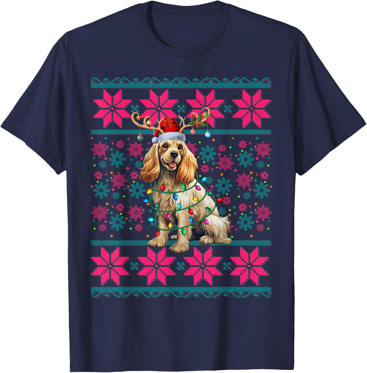 Ugly Christmas Lights American Cocker Spaniel Dog Girls T-Shirt - Navy Blue
