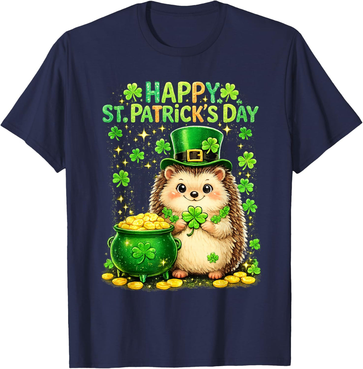 Happy St Patrick’s Day Cute Hedgehog Shamrock Funny T-Shirt - Navy Blue