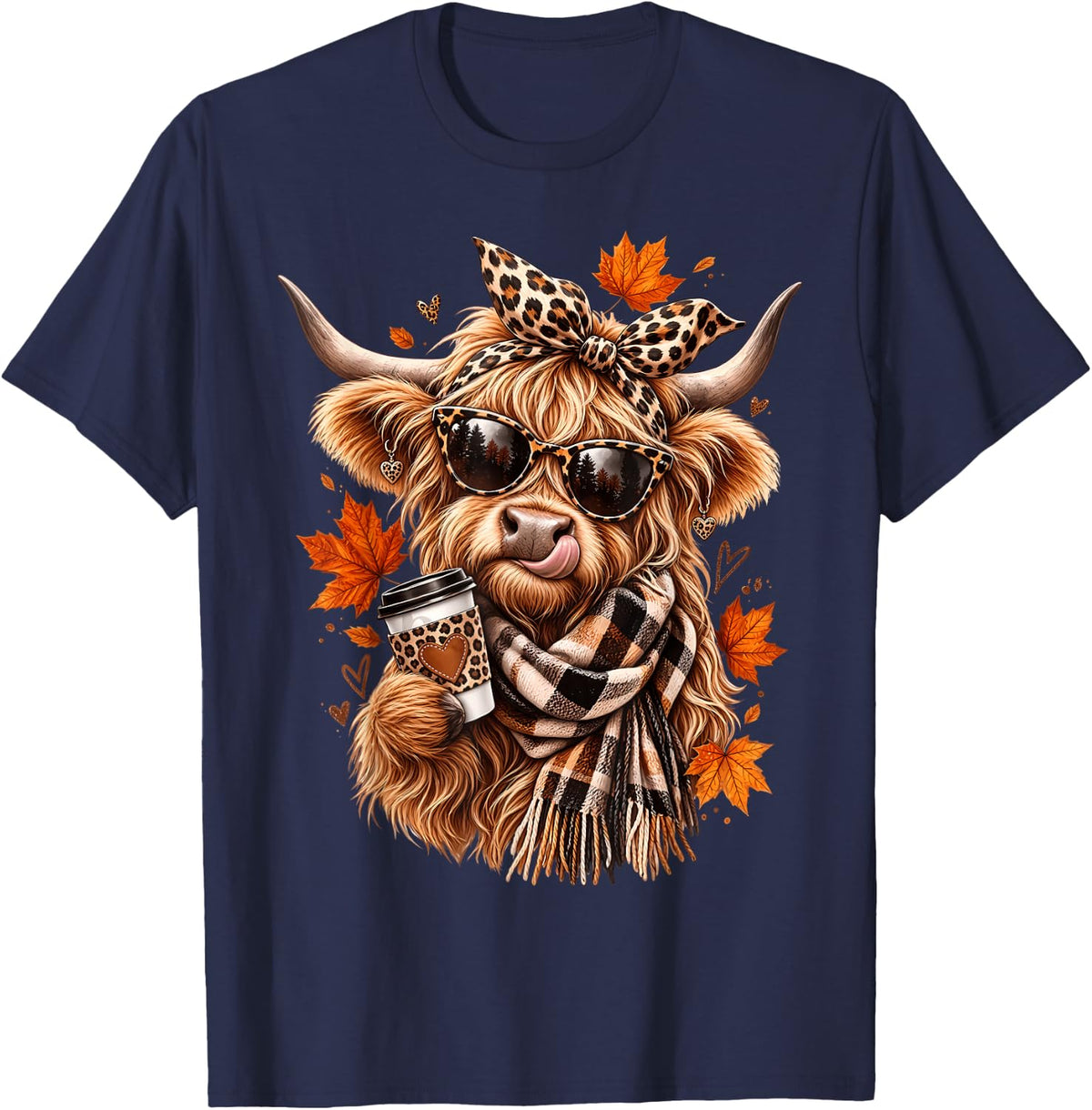 Leopard Bow Highland Cow Coffee Autumn Leaves Thanksgiving T-Shirt - Navy Blue