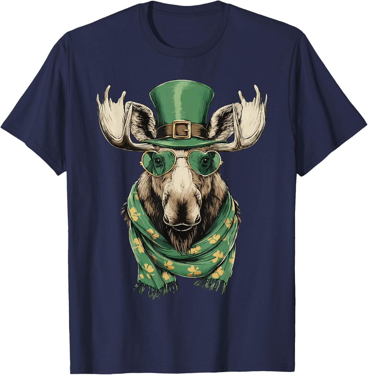 Irish Moose with Hearts Sunglasses Shamrocks St Patricks Day T-Shirt - Navy Blue