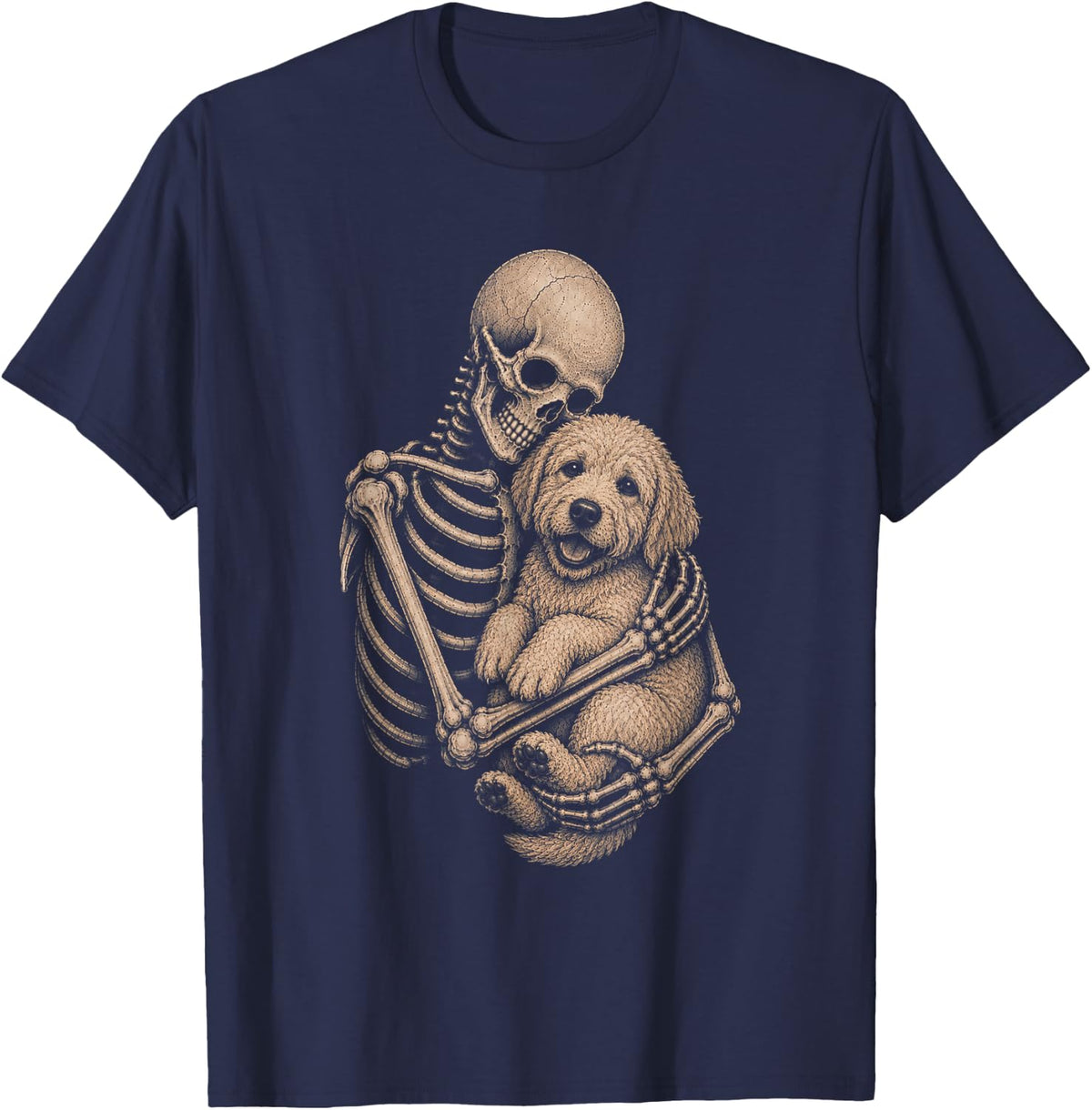 Skeleton Hugging Goldendoodle Dog Funny Halloween Costume T-Shirt - Navy Blue