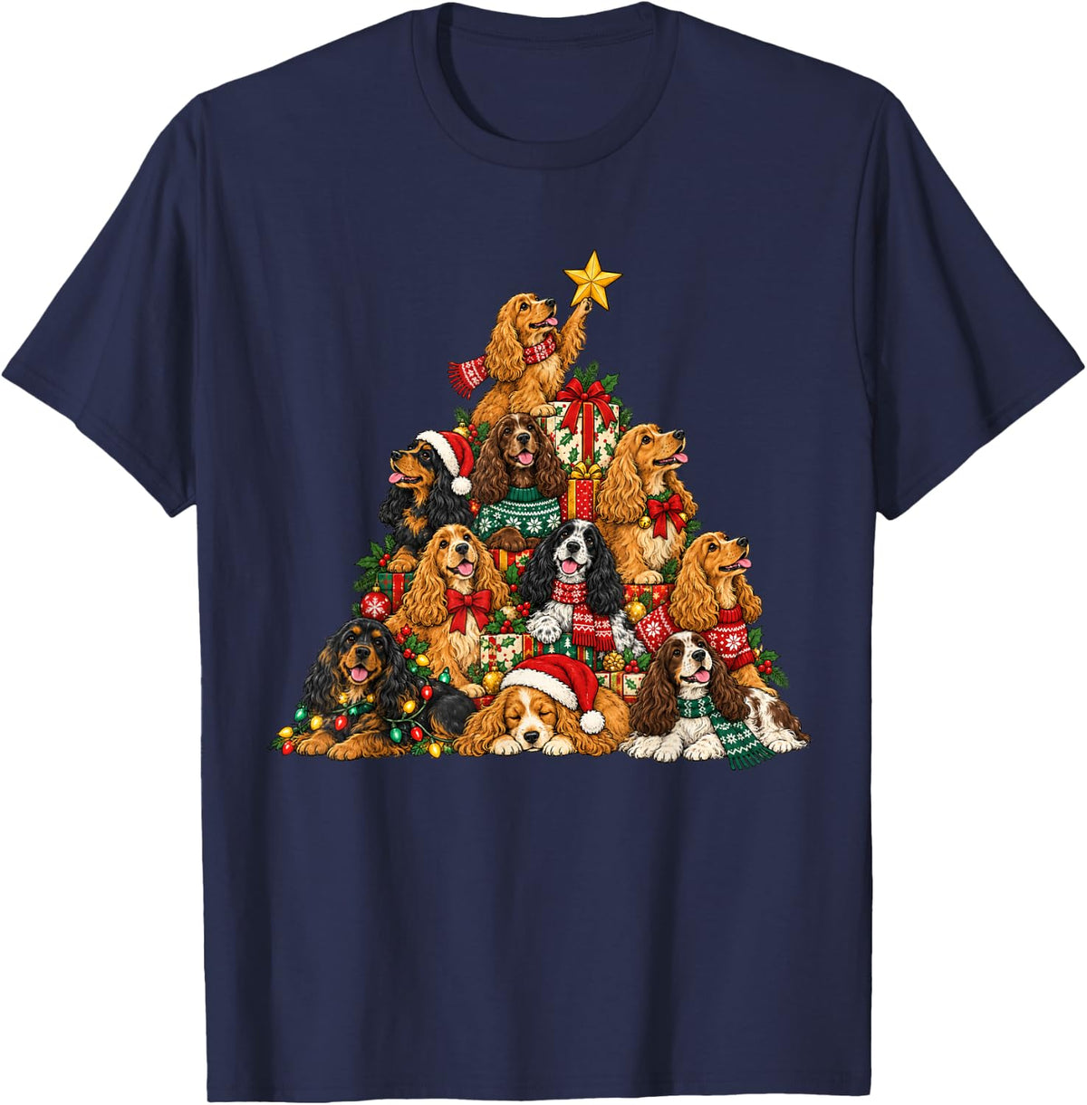 Funny English Cocker Spaniel Christmas Lights Tree Dog Lover T-Shirt - Navy Blue