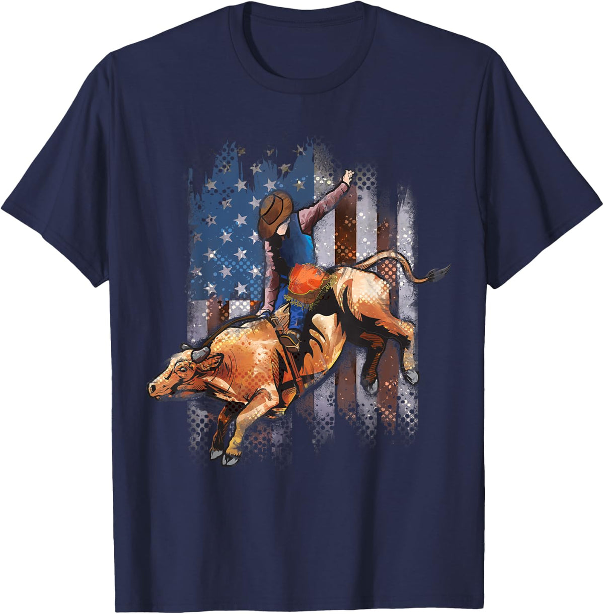 Rodeo Bull Riding American Flag Shirt Cowboy Bull Rider T-Shirt - Navy Blue