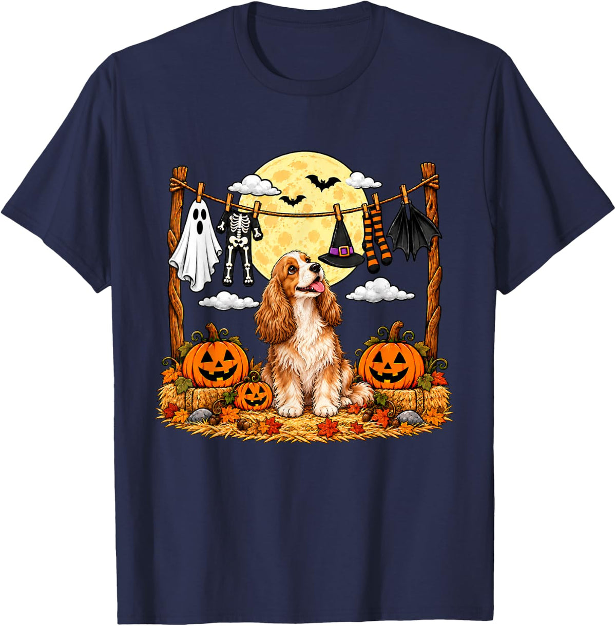 Halloween English Cocker Spaniel Squad Pumpkin Vampire Mummy T-Shirt - Navy Blue
