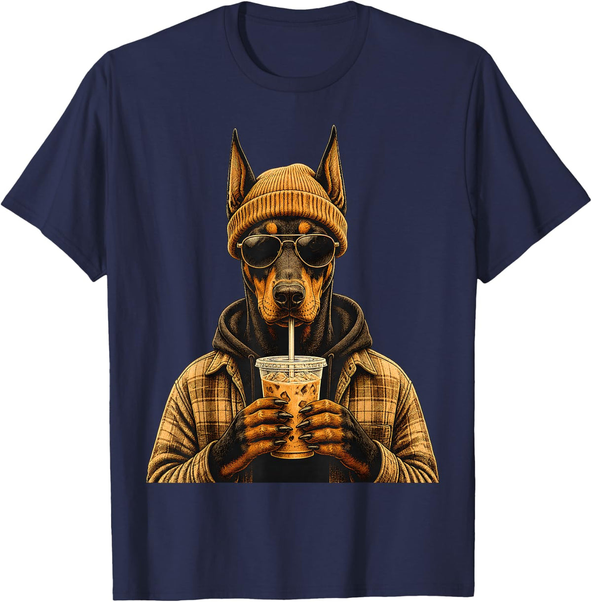 Hipster Doberman Pinscher Iced Coffee Dog T-Shirt - Navy Blue