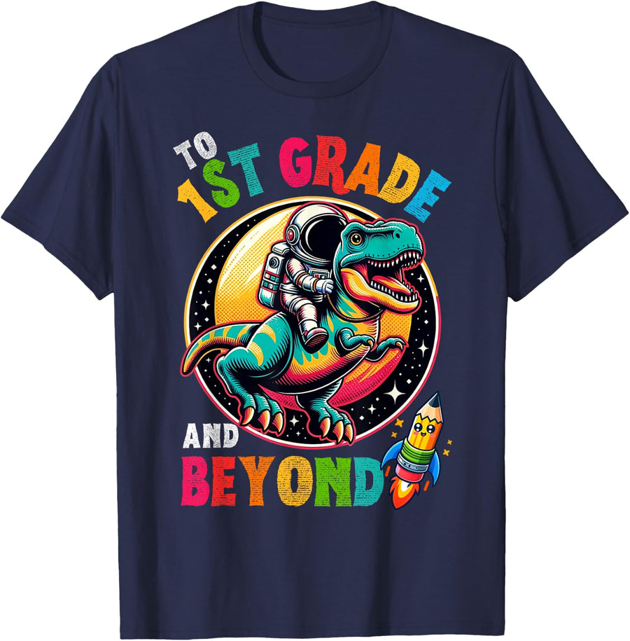 Astronaut Dinosaur boys First day back to School 1st grade T-Shirt - Navy Blue