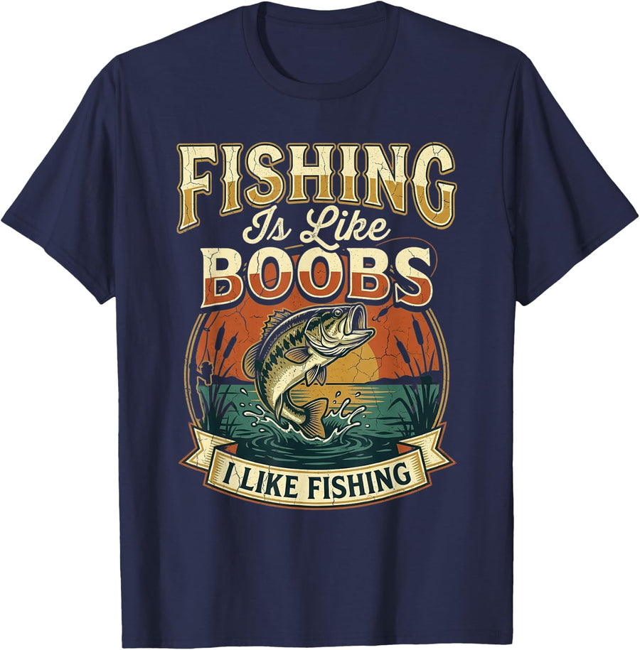 Fishing is Like Boobs Tshirt Fisherman Angler Fish Rod T-Shirt - Navy Blue