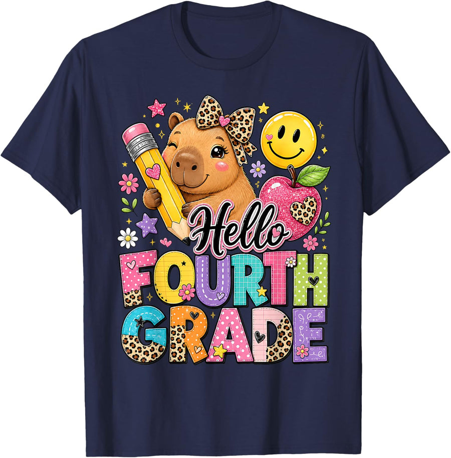 Hello Fourth Grade Capybara Leopard Bow Back to School T-Shirt Tee for Girls - Navy Blue