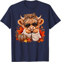 Cute Highland Cow Fall Pumpkin Leopard Autumn Lover Women T-Shirt - Navy Blue
