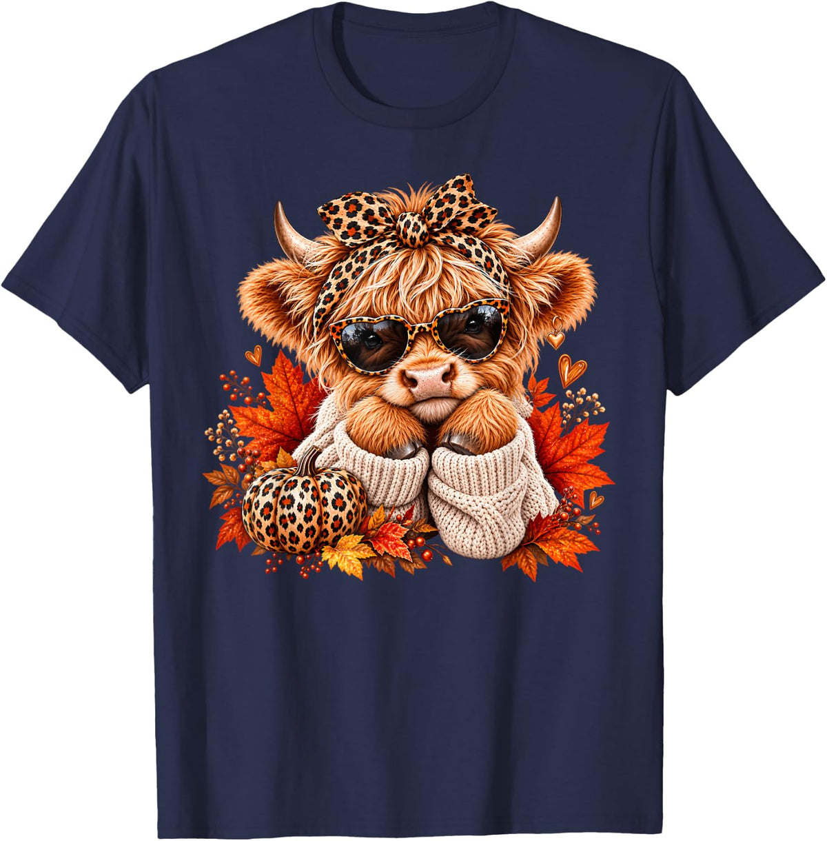 Cute Highland Cow Fall Pumpkin Leopard Autumn Lover Women T-Shirt - Navy Blue