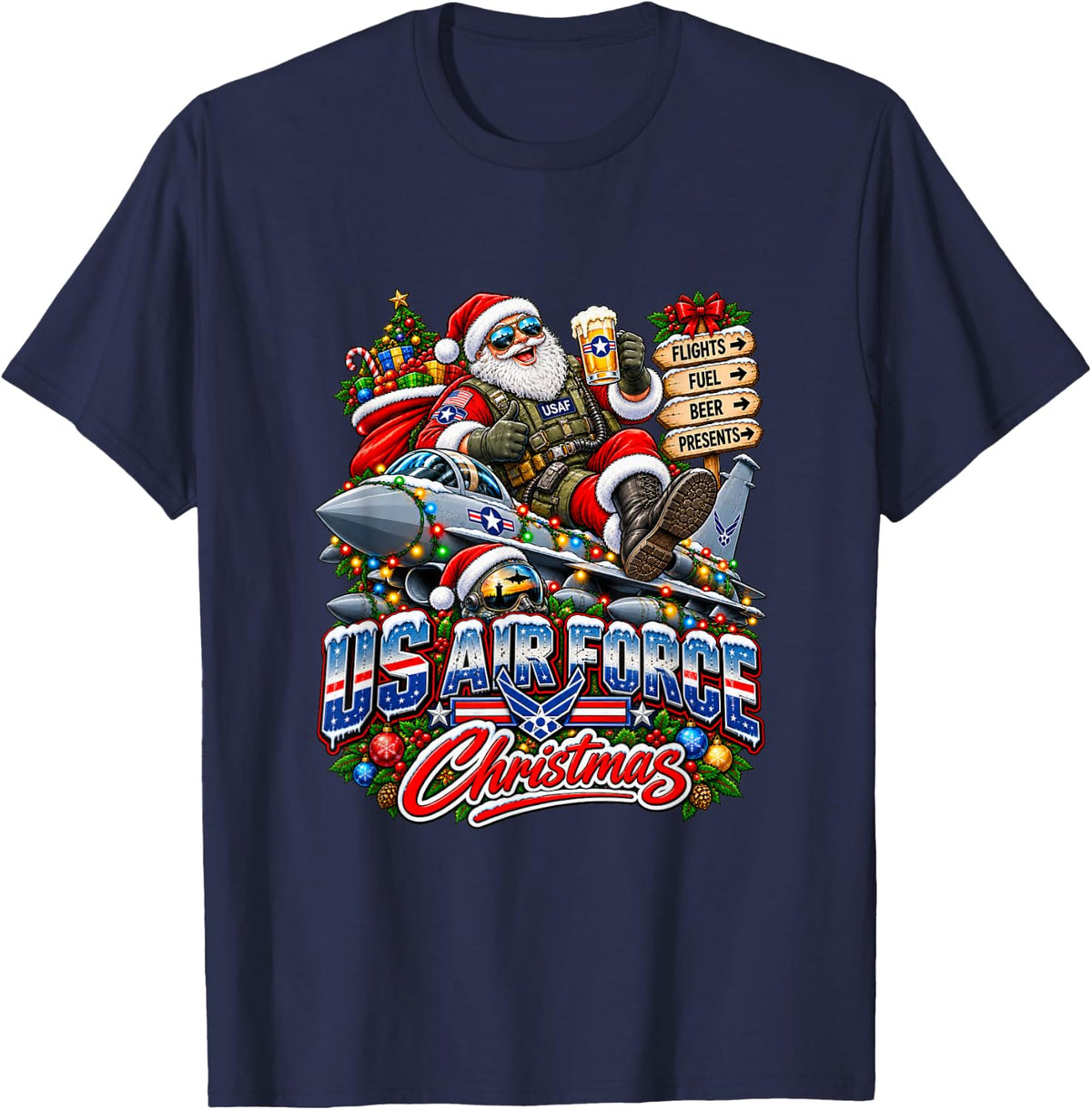 Funny Military Aviation Christmas Santa Design T-Shirt - Navy Blue