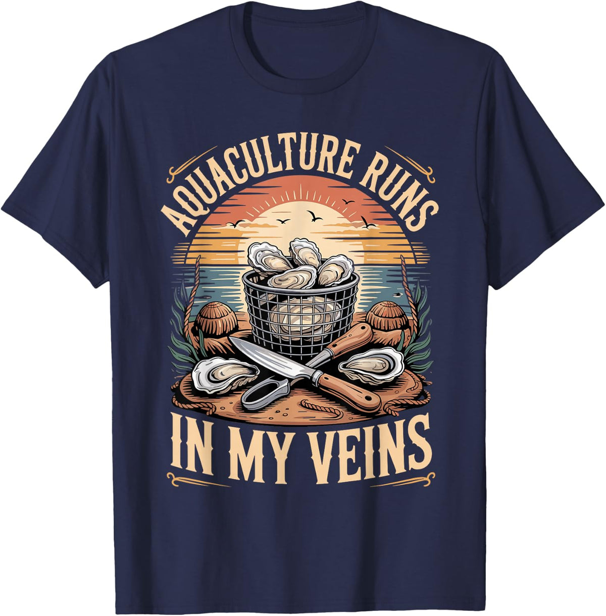 Aquaculture Runs in My Veins Oyster Farmer T-Shirt - Navy Blue