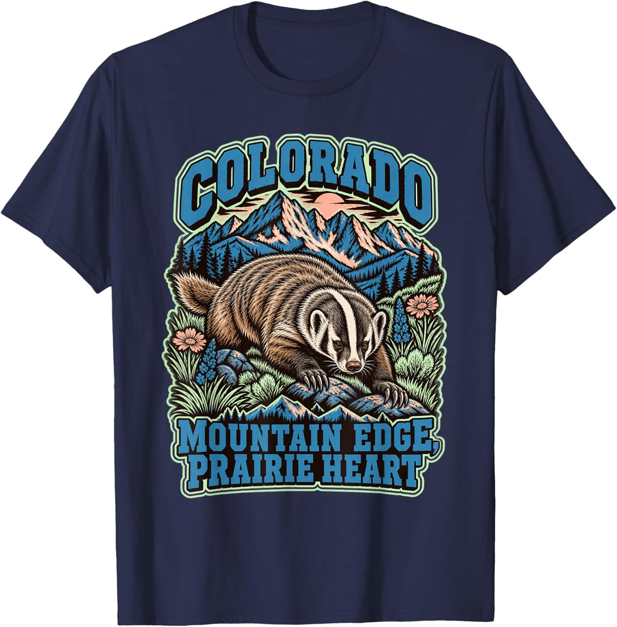 Colorado Badger Linocut Mountain Print Art T-Shirt - Navy Blue