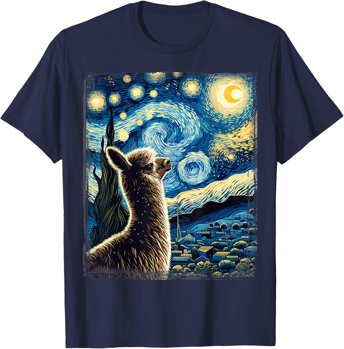 Van Gogh Style Starry Night Alpaca T-Shirt - Navy Blue