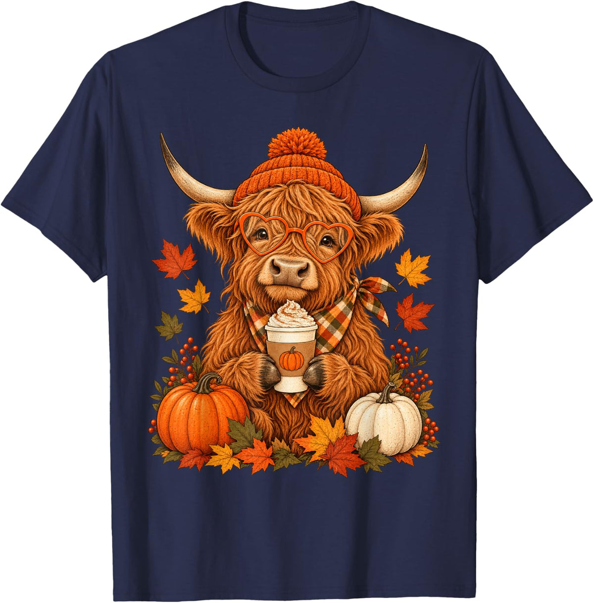 Scottish Highland Cow Fall Autumn Season Pumpkin Spice T-Shirt - Navy Blue