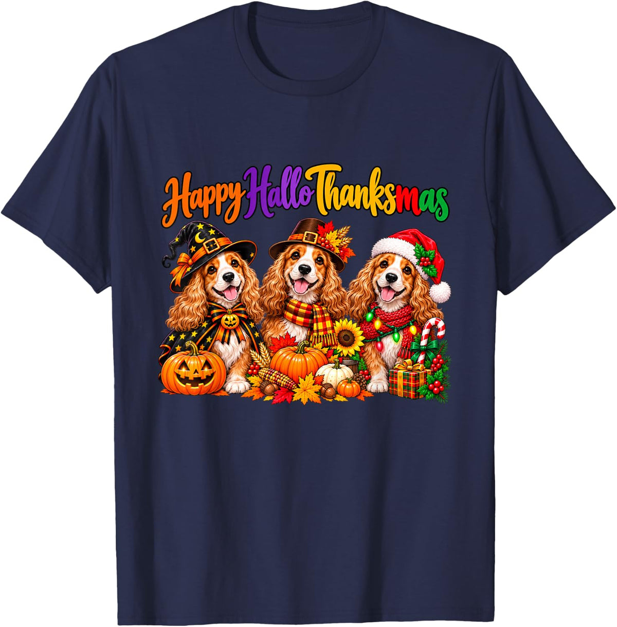 English Cocker Spaniel Happy Hallothanksmas Halloween T-Shirt - Navy Blue