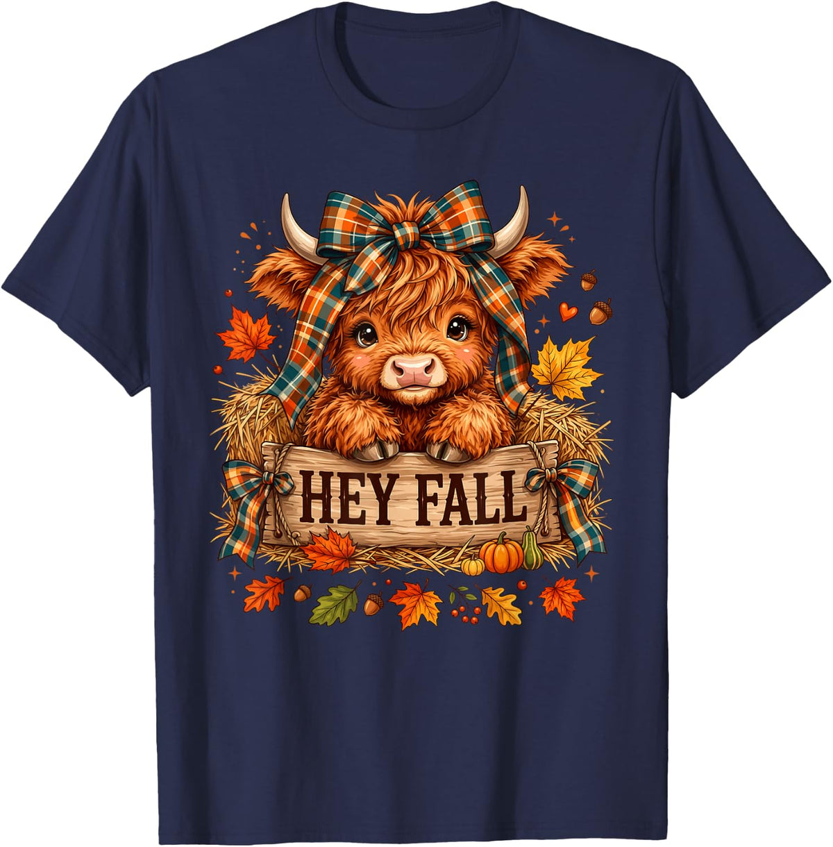 Hey Fall Highland Cow Floral Autumn Pumpkin Farmhouse T-Shirt - Navy Blue