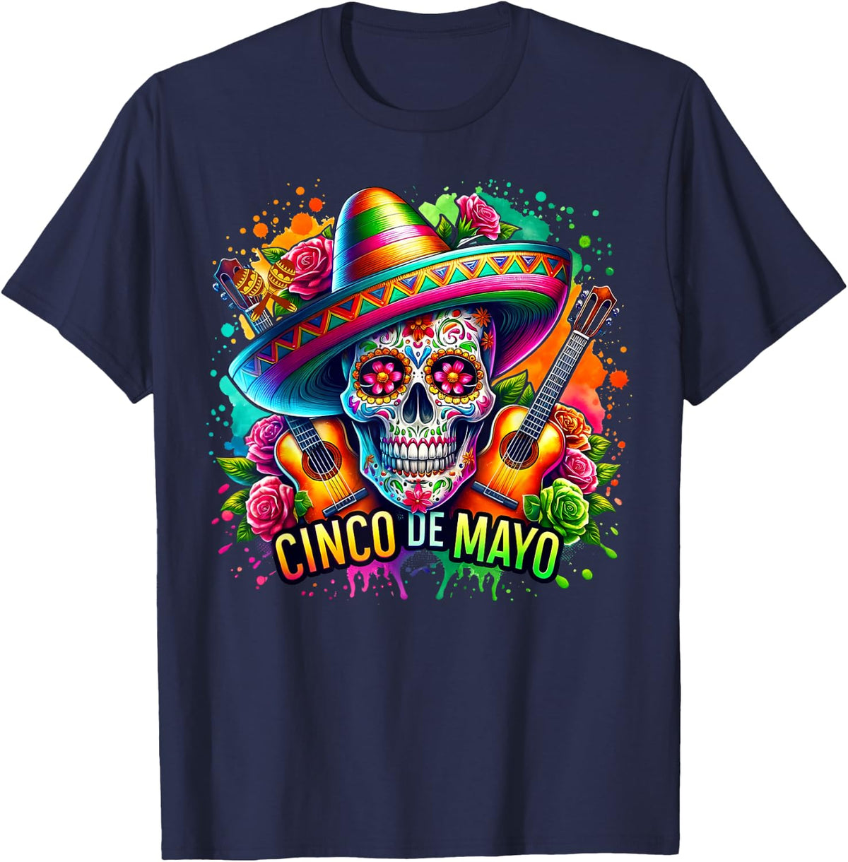 Cinco De Mayo Guitar San Antonio Mexican Party Let's Fiesta T-Shirt - Navy Blue