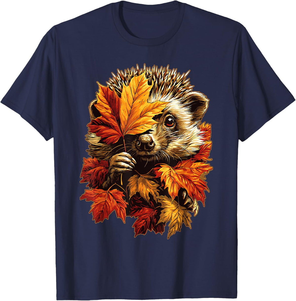 Hedgehog with Fall Leaves Forest Animal Autumn Aesthetic T-Shirt - Navy Blue