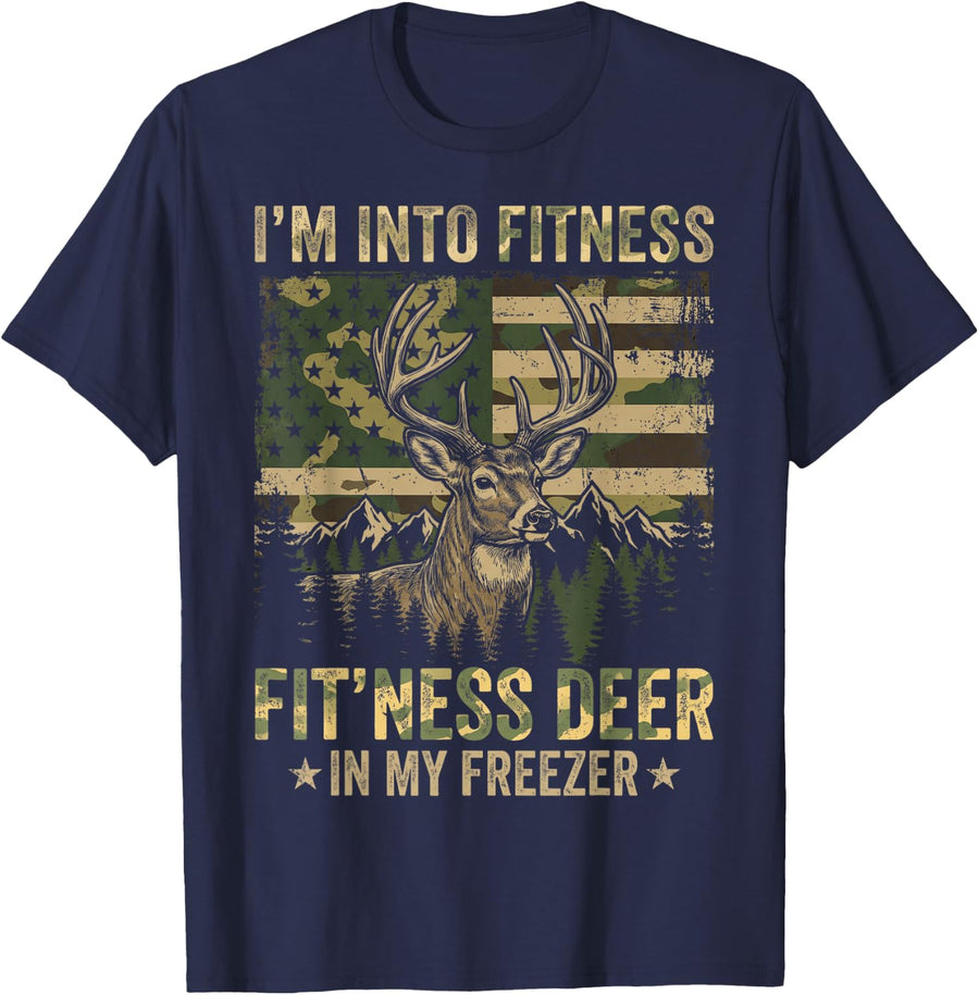 Funny Deer Hunting Camo US Flag Fit'ness Deer in My Freezer T-Shirt - Navy Blue