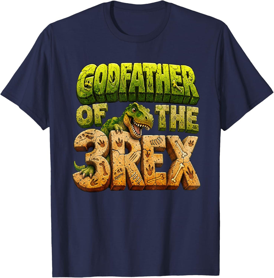 T-Rex Godfather of The Three Rex 3rd Birthday Boy T-Shirt - Navy Blue