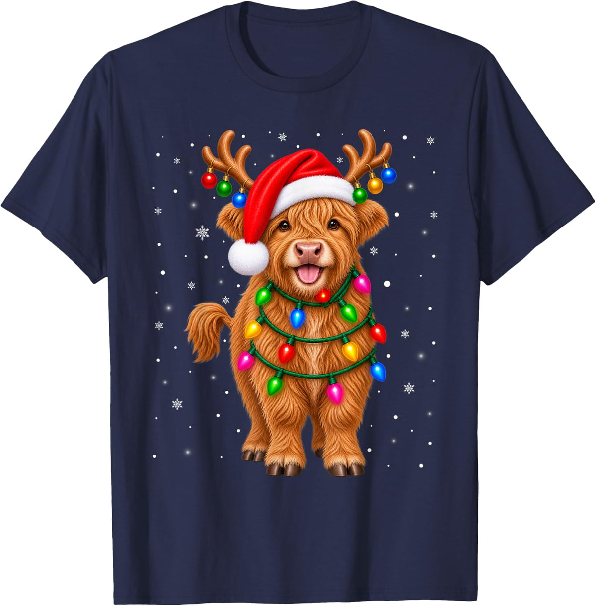 Highland Cow Christmas Tree Lights Sweater Xmas Pajamas T-Shirt - Navy Blue