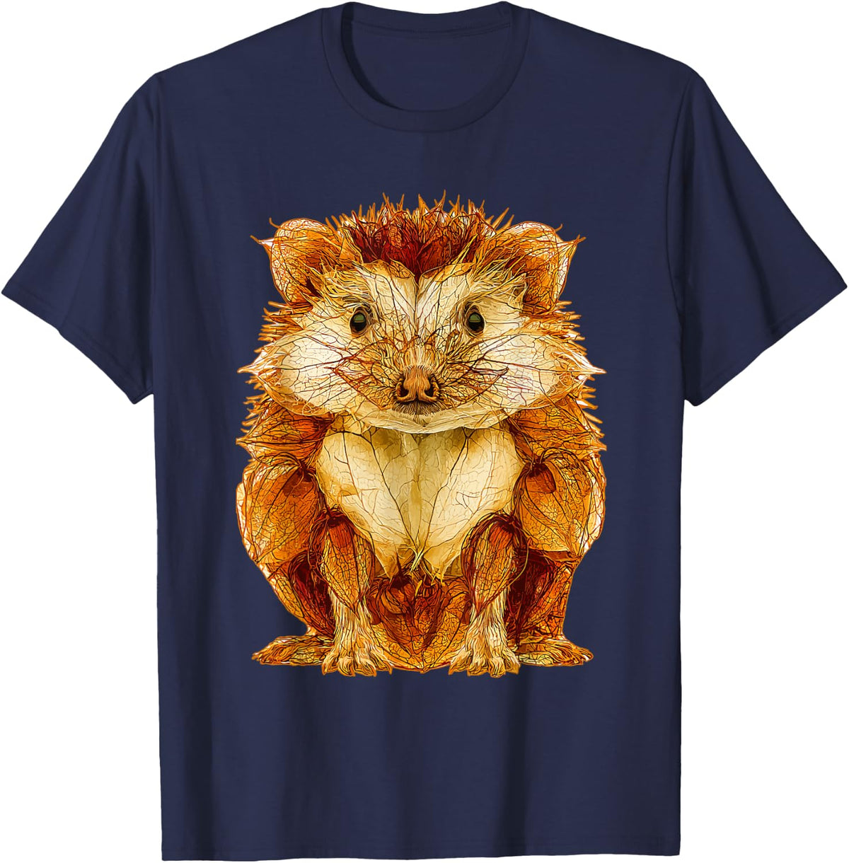 Hedgehog with Autumn Leaves Artistic Fall Forest Animal Art T-Shirt - Navy Blue