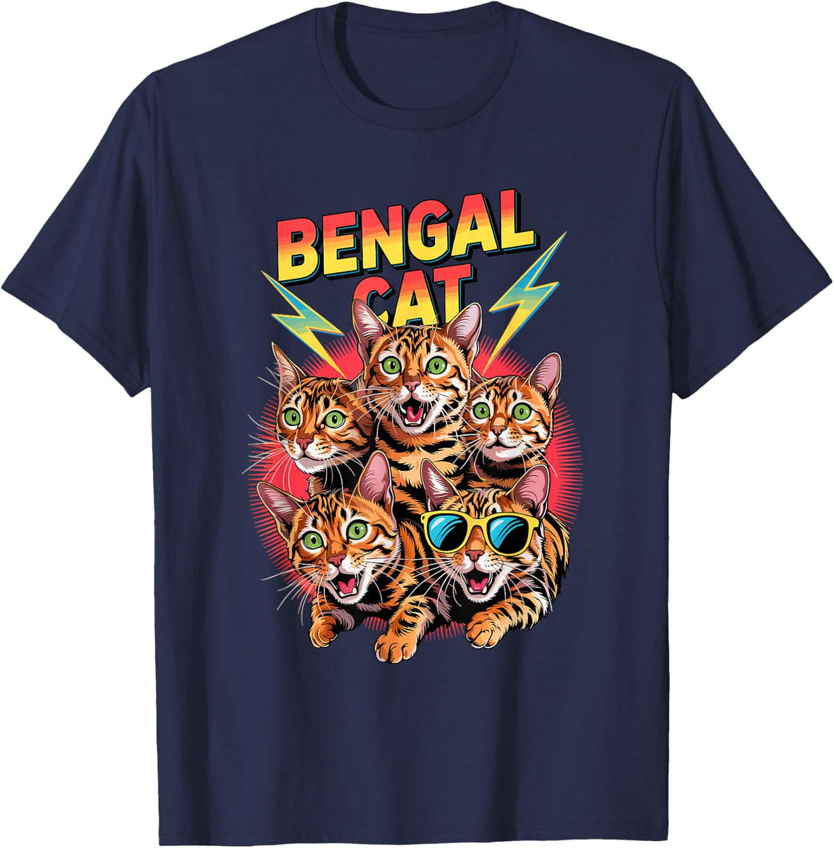 90s Vintage Bengal Cat Men Women Kids T-Shirt - Navy Blue