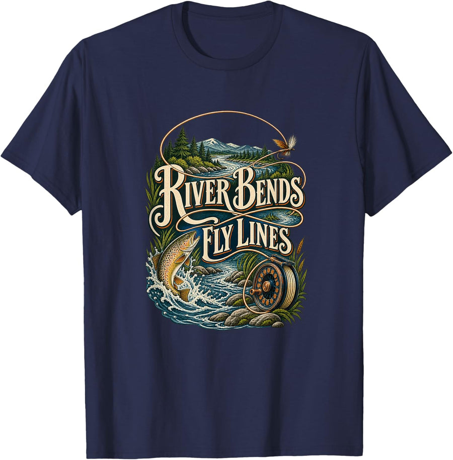 Fly Fishing Trout River Angler T-Shirt - Navy Blue