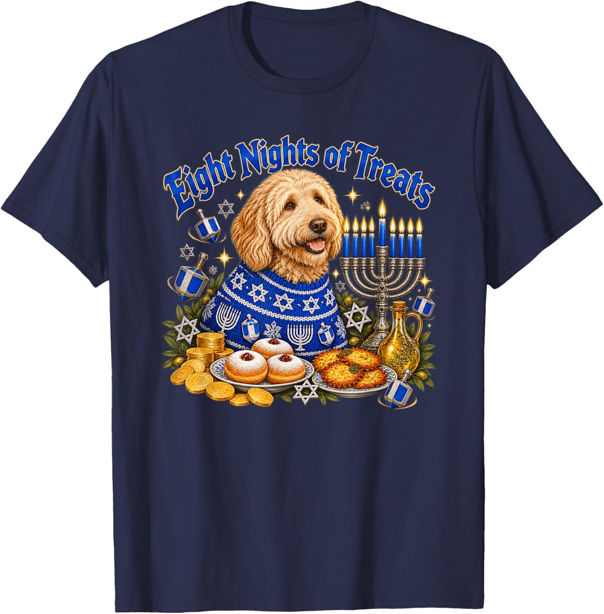 Hanukkah Goldendoodle Eight Nights of Treats T-Shirt - Navy Blue