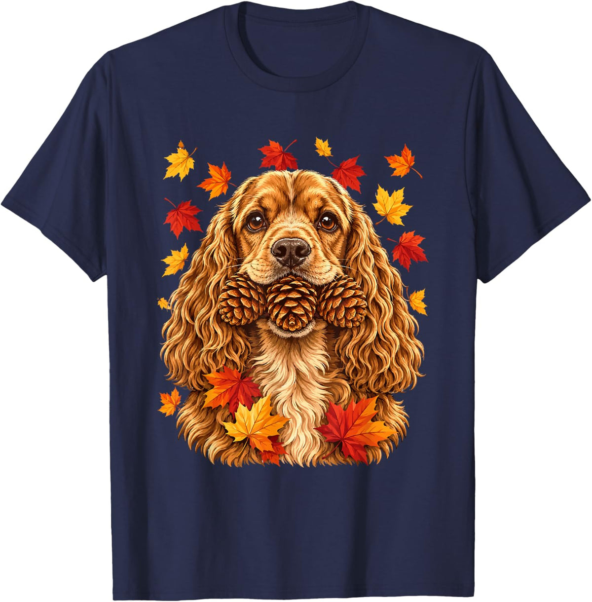 Fall Cocker Spaniel and Pine Cones Dog with Maple Leaves T-Shirt - Navy Blue