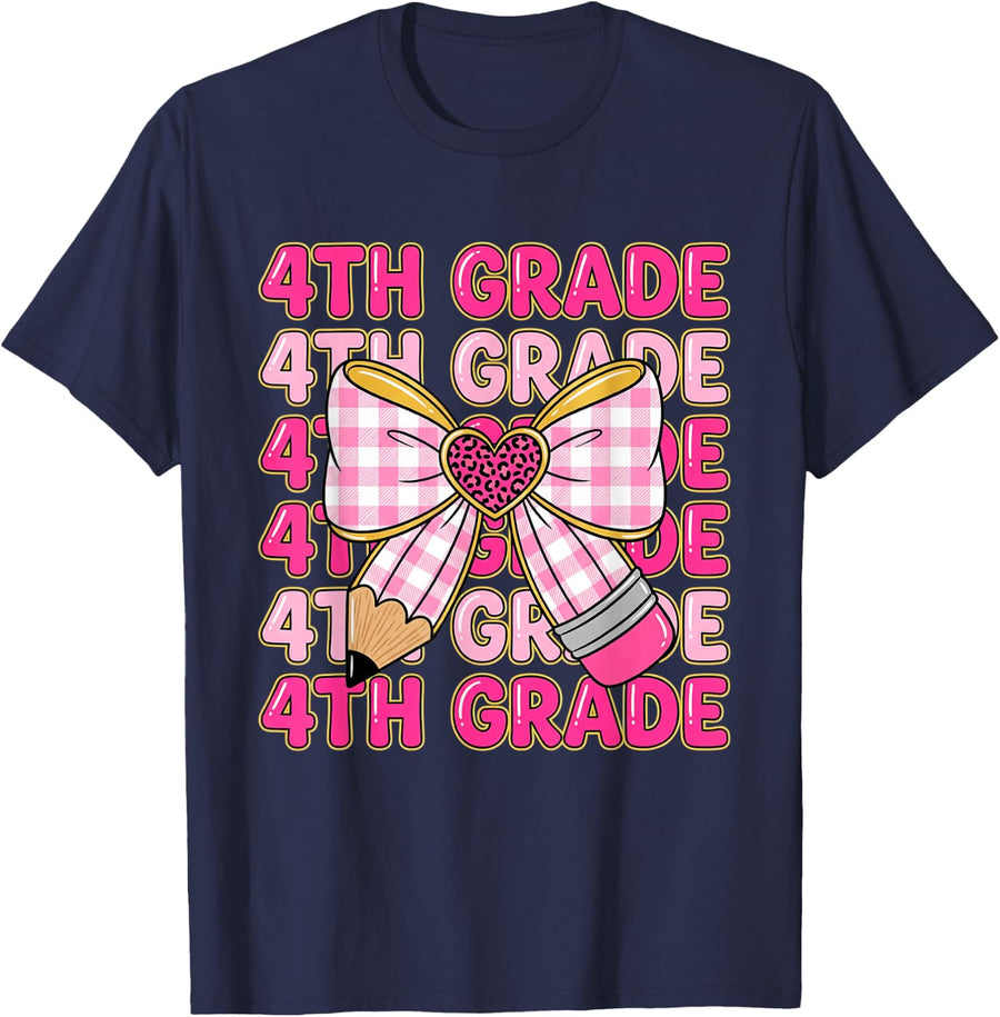 4TH Grade Back to School Pencil Bow Elementary Girls T-Shirt - Navy Blue