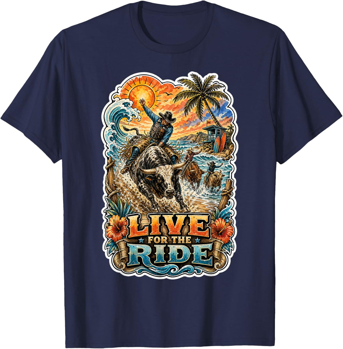 Live for The Ride Saltwater Bull Rider Rodeo T-Shirt - Navy Blue