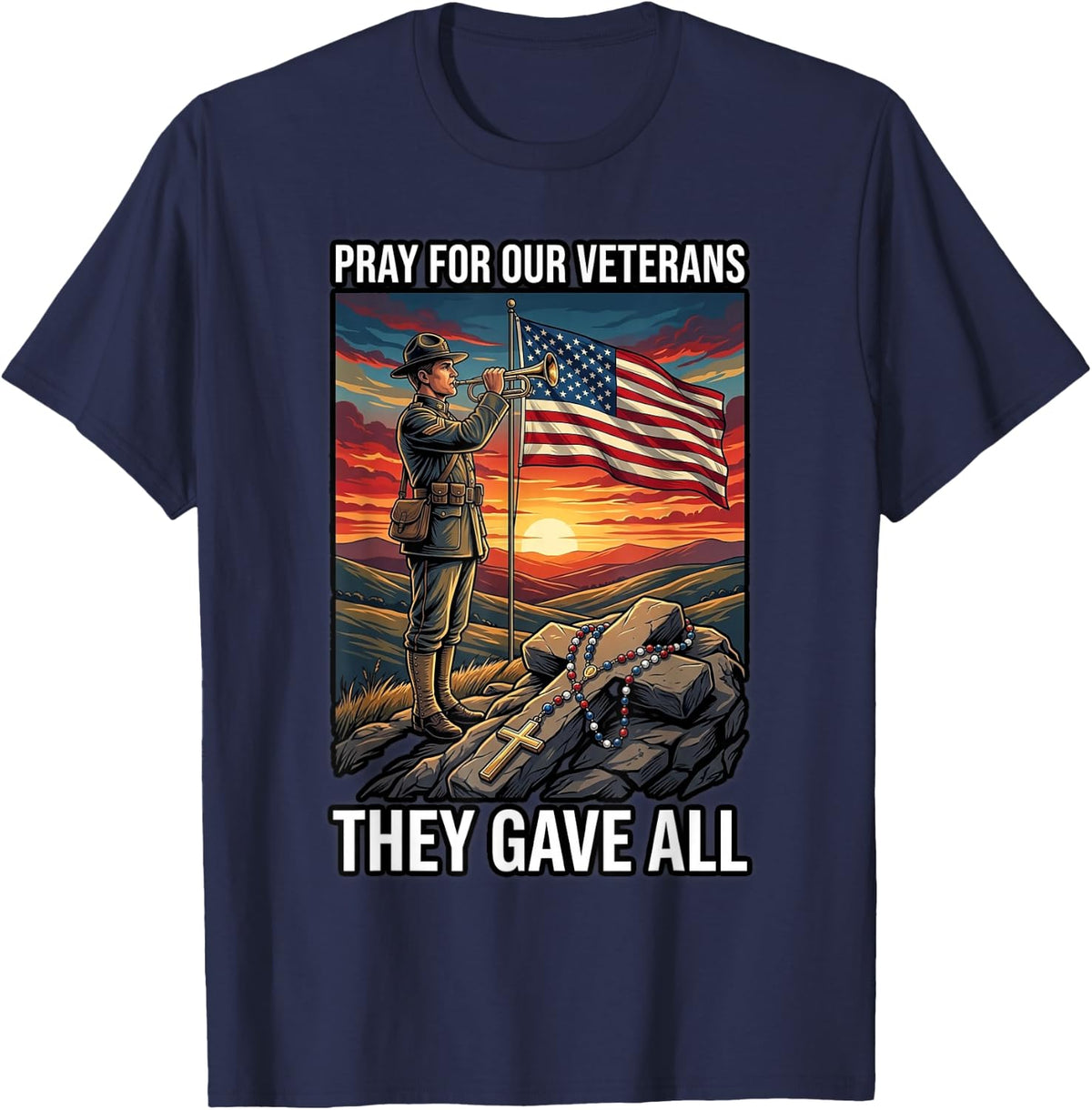 Folded Flag Triangle Rosary on Top Candle Catholic T-Shirt - Navy Blue