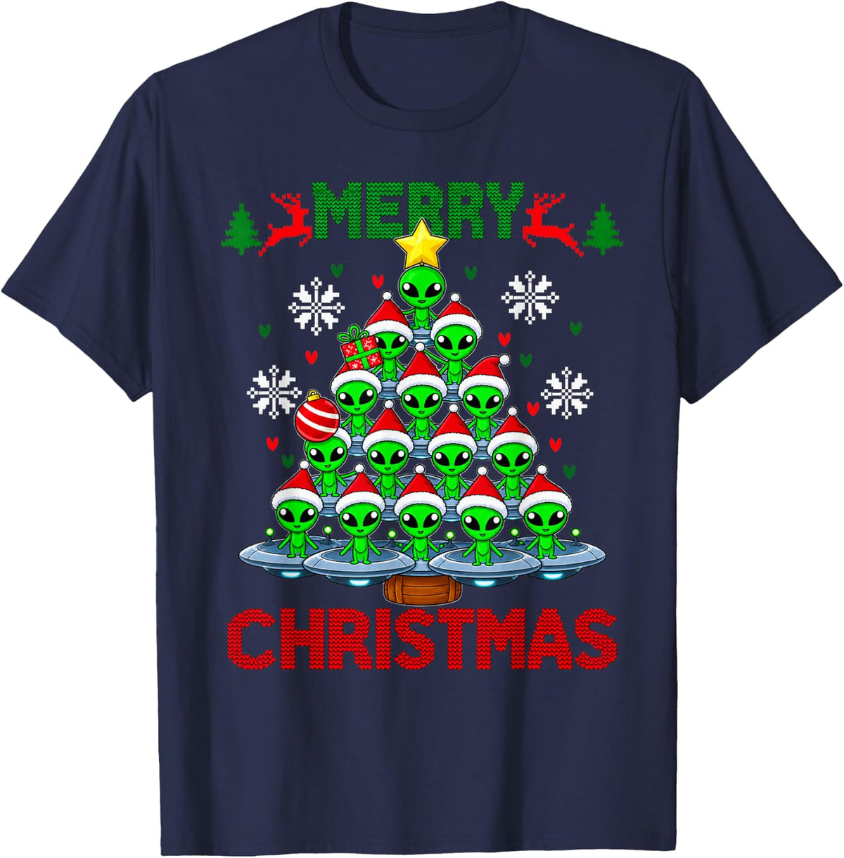 Alien Merry Christmas Holiday UFO Tree Illustration T-Shirt - Navy Blue