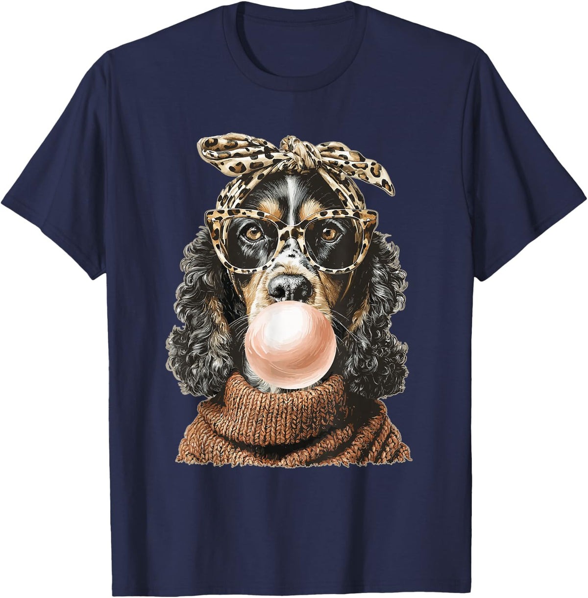 Black Cocker Spaniel with Bubblegum Coquette Bow Autumn Dog T-Shirt - Navy Blue