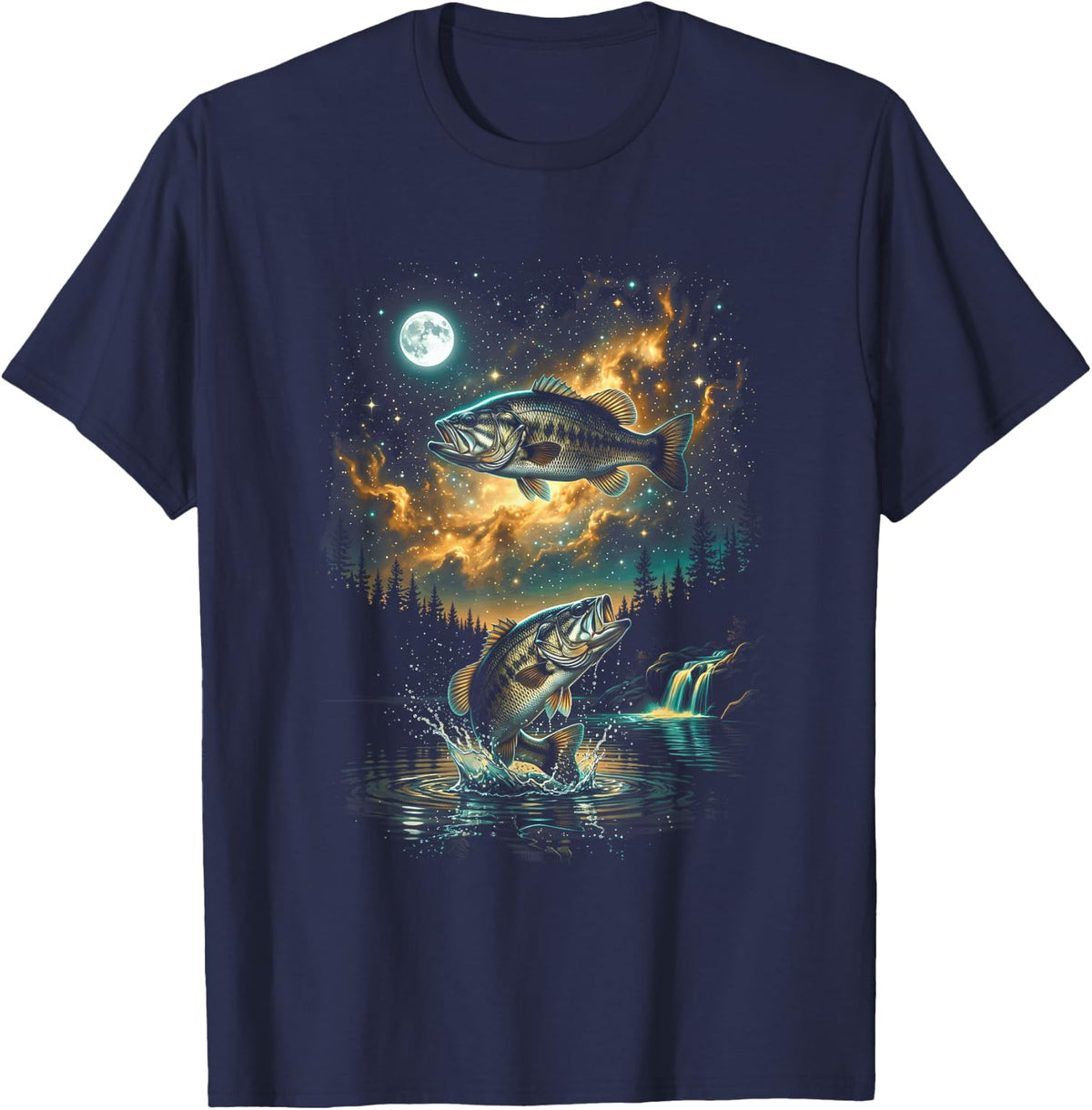 Moonlight Largemouth Bass Fishing Night Lake Angler Fantasy T-Shirt - Navy Blue