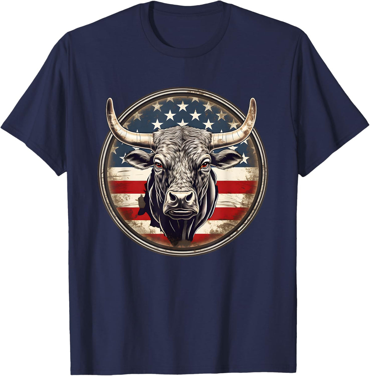 Vintage Bull Patriotic American Flag Rodeo Cowboy Tee T-Shirt For Men Women - Navy Blue
