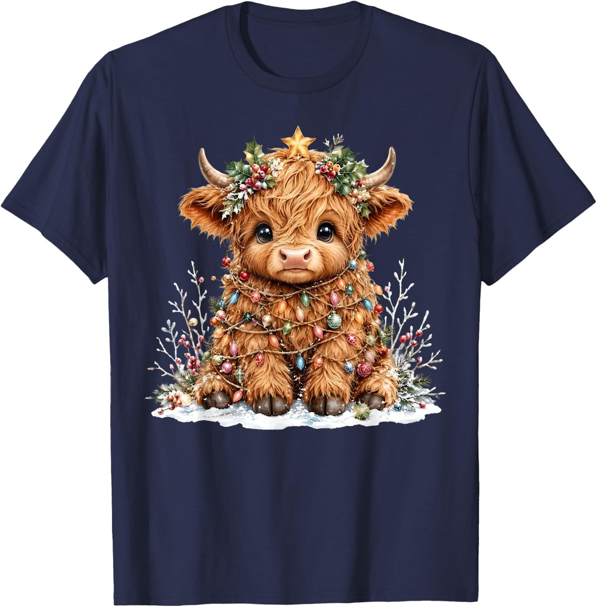 Cute Highland Cow Christmas Xmas Women Girl T-Shirt - Navy Blue