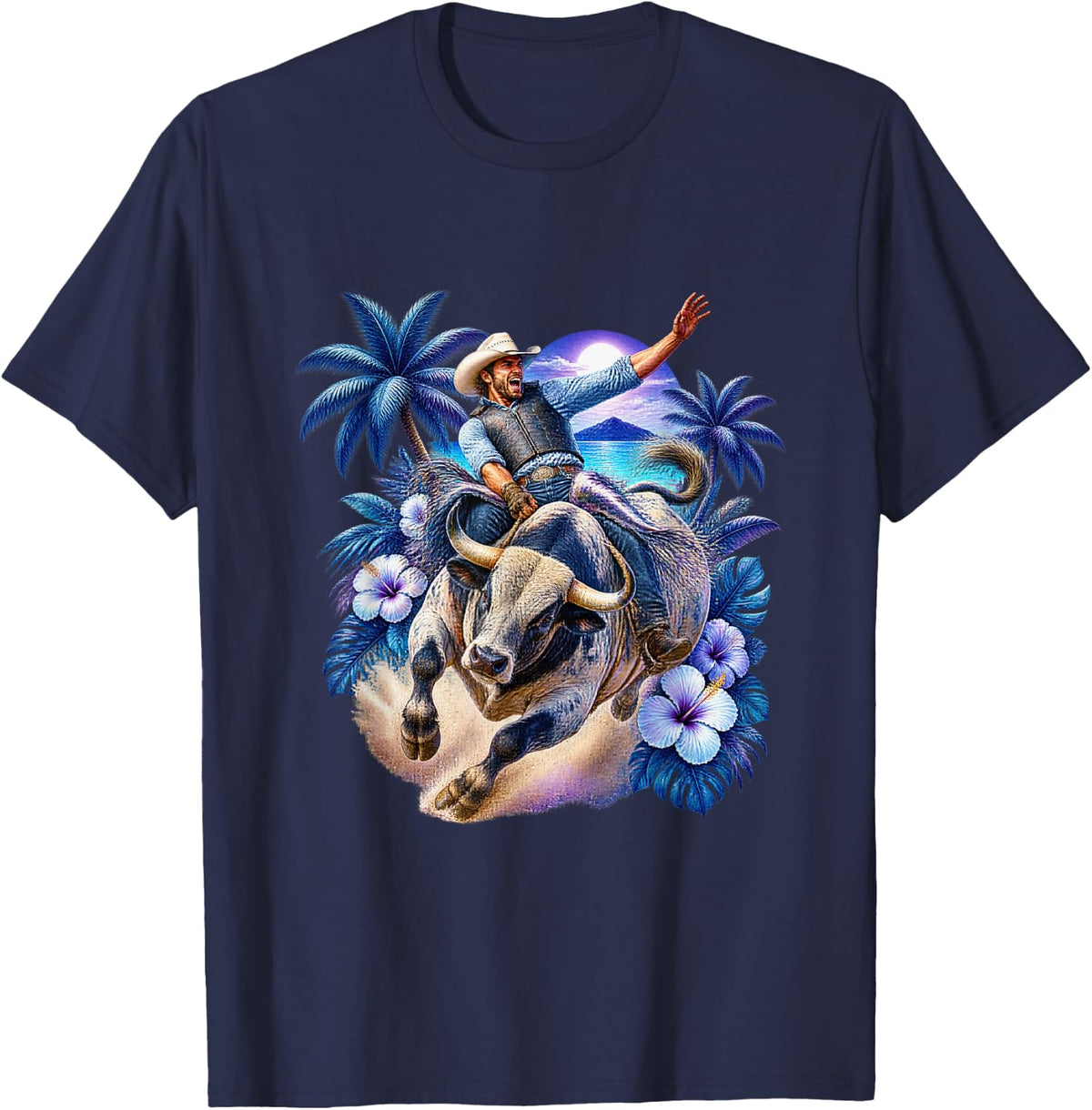Rugged Cowboy Riding a Tropical Bull T-Shirt - Navy Blue