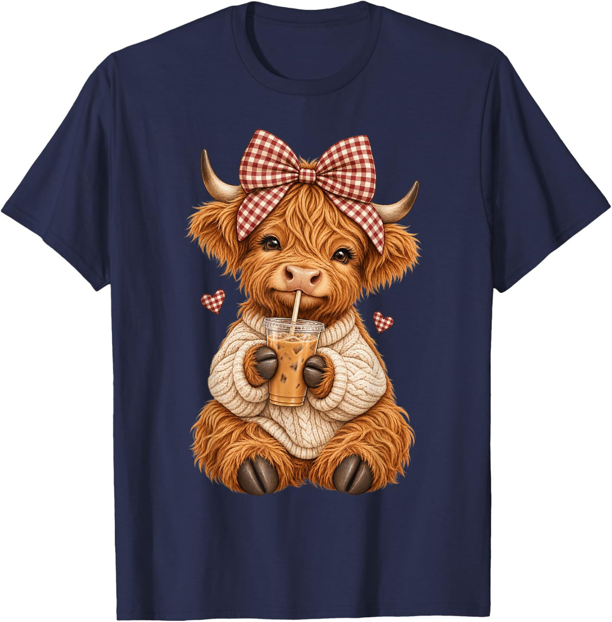 Cute Highland Cow Iced Coffee Red Plaid Bow Gingham Hearts T-Shirt - Navy Blue