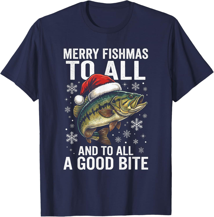 Merry Fishmas Good Bite Christmas Bass Fishing Santa Hat T-Shirt - Navy Blue