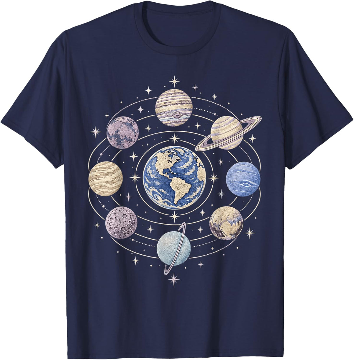 Vintage Celestial Bodies Planets Outer Space Astronomy T-Shirt - Navy Blue