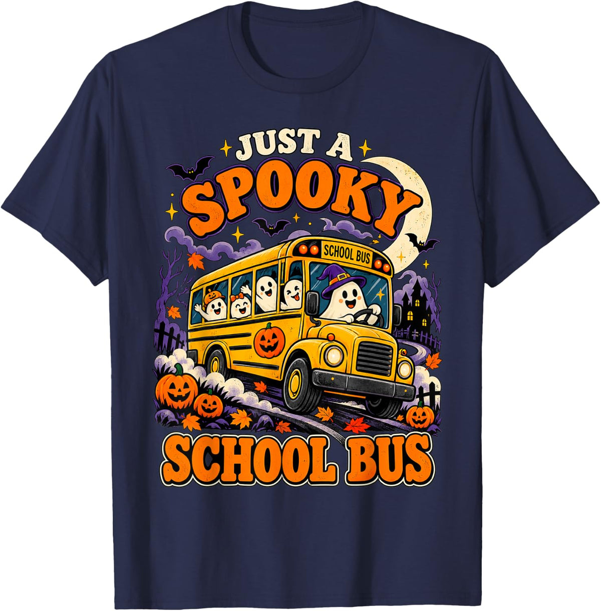 Just A Spooky School Bus Funny Halloween Ghost Driver T-Shirt - Navy Blue