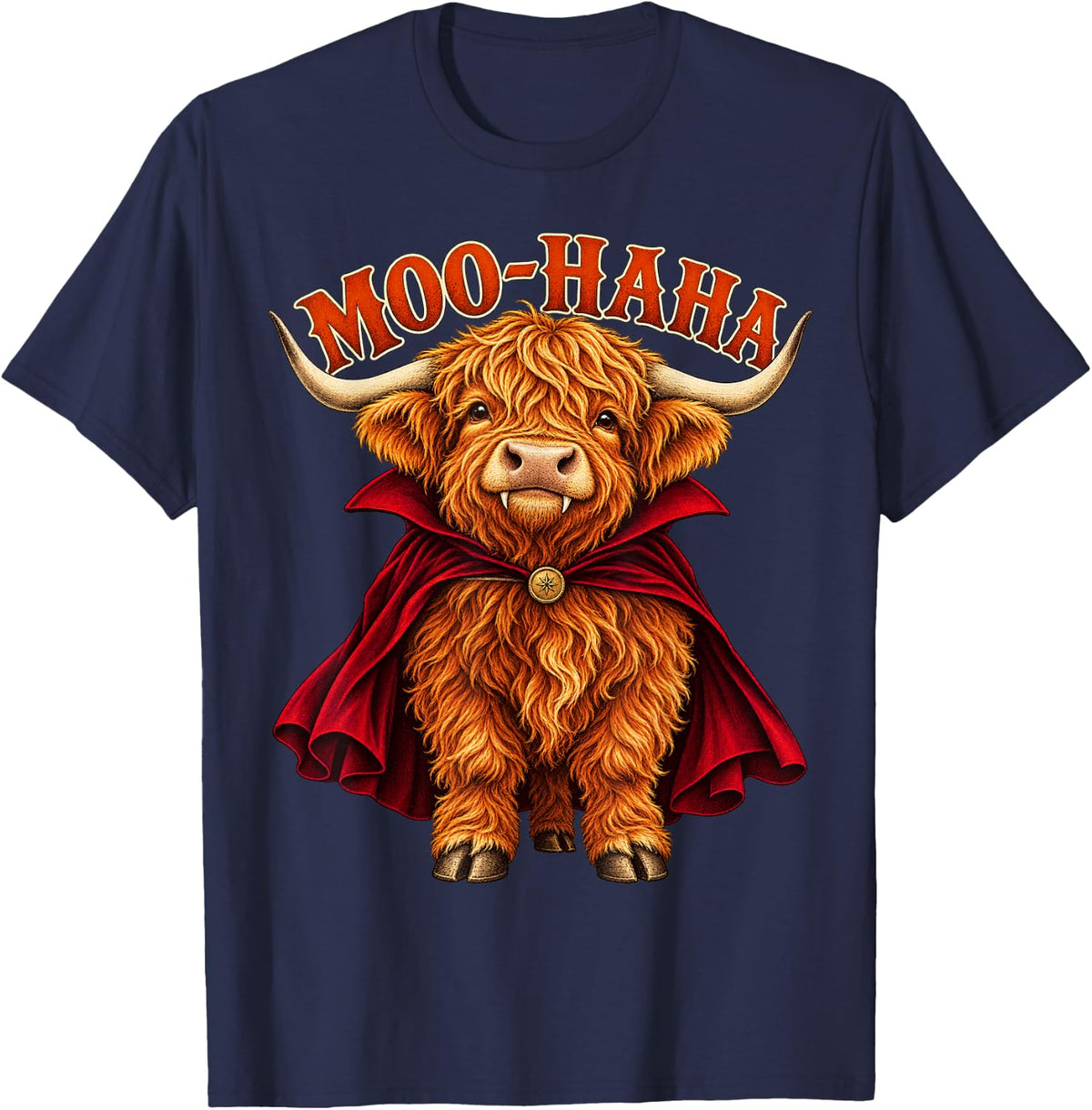 Highland Cow Vampire Cape Cute Halloween Calf - Moo-Haha T-Shirt - Navy Blue