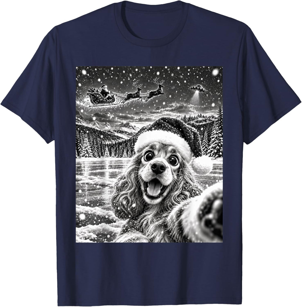Cocker Spaniel Selfie with Santa Funny Christmas Kids T-Shirt - Navy Blue
