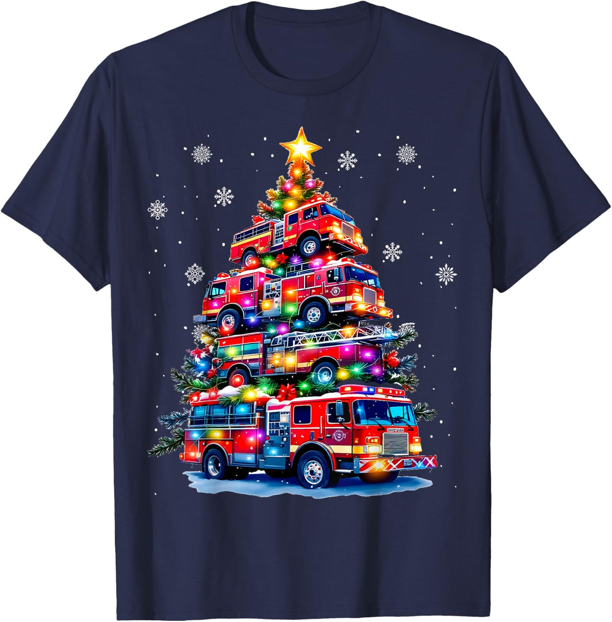 Fire Truck Christmas Tree Lights Firefighter Holiday T-Shirt - Navy Blue